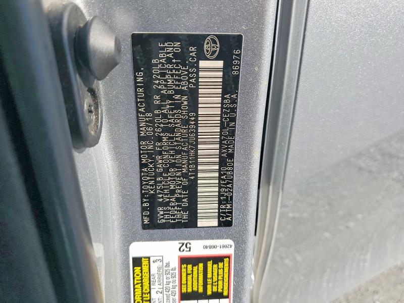 2018 Toyota Camry მანქანა იყიდება აუქციონზე, vin: 4T1B11HK7JU639449, აუქციონის ნომერი: 66138846