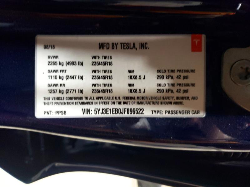 Aukcja sprzedaży 2018 Tesla Model 3, vin: 5YJ3E1EB0JF096522, numer aukcji: 64247646