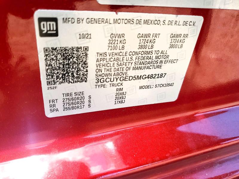Продаж на аукціоні авто 2021 Chevrolet Silverado, vin: 3GCUYGED5MG482187, номер лоту: 63058776