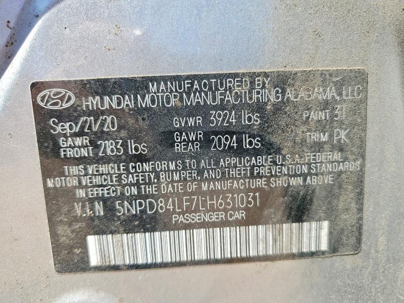 65470536 :رقم المزاد ، 5NPD84LF7LH631031 vin ، 2020 Hyundai Elantra مزاد بيع