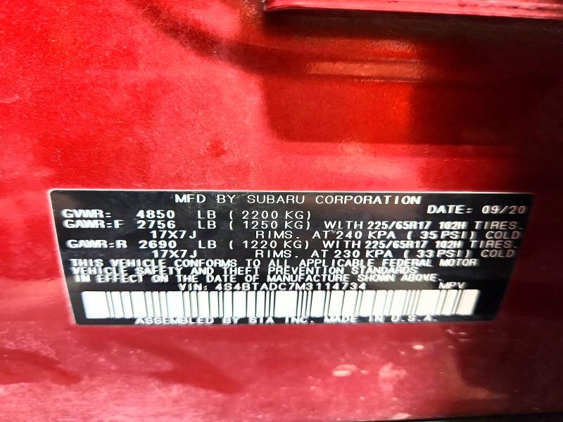 65590086 :رقم المزاد ، 4S4BTADC7M3114734 vin ، 2021 Subaru Outback مزاد بيع