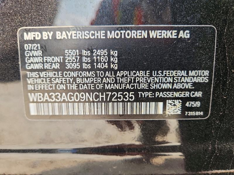 63364276 :رقم المزاد ، WBA33AG09NCH72535 vin ، 2022 Bmw 530 مزاد بيع
