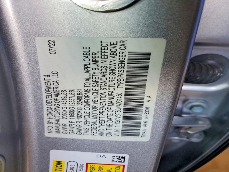 Продажа на аукционе авто 2022 Honda Accord, vin: 1HGCV3F50NA031450, номер лота: 63814276