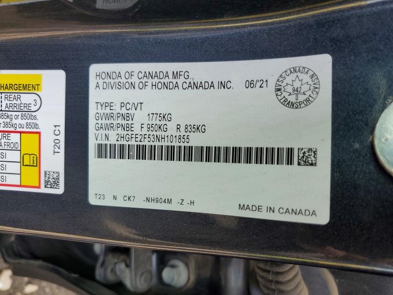 Продажа на аукционе авто 2022 Honda Civic, vin: 2HGFE2F53NH101855, номер лота: 64561726