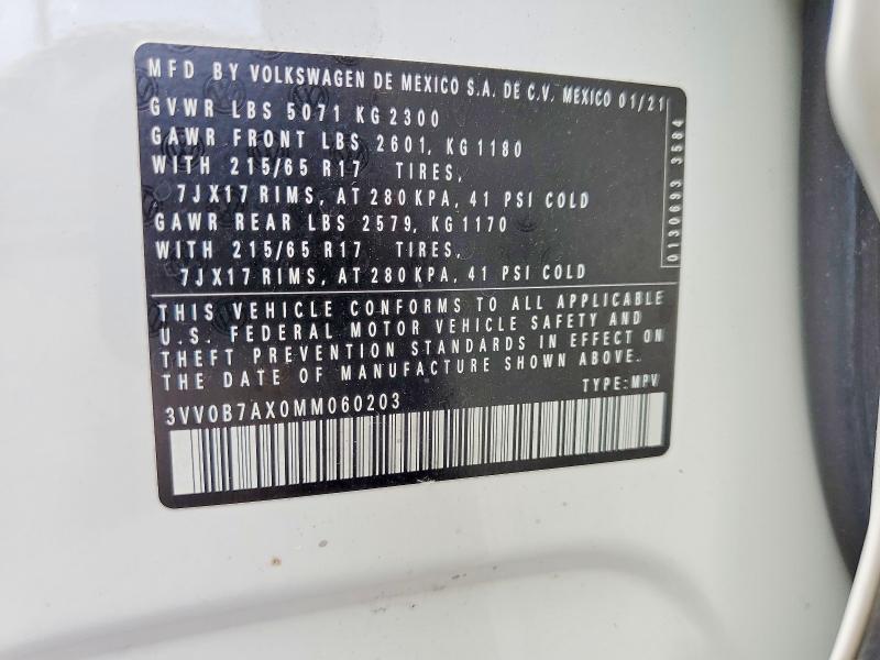 Продаж на аукціоні авто 2021 Volkswagen Tiguan, vin: 3VV0B7AX0MM060203, номер лоту: 65597446