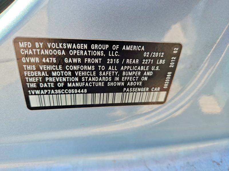 66982496 :رقم المزاد ، 1VWAP7A35CC059448 vin ، 2012 Volkswagen Passat مزاد بيع