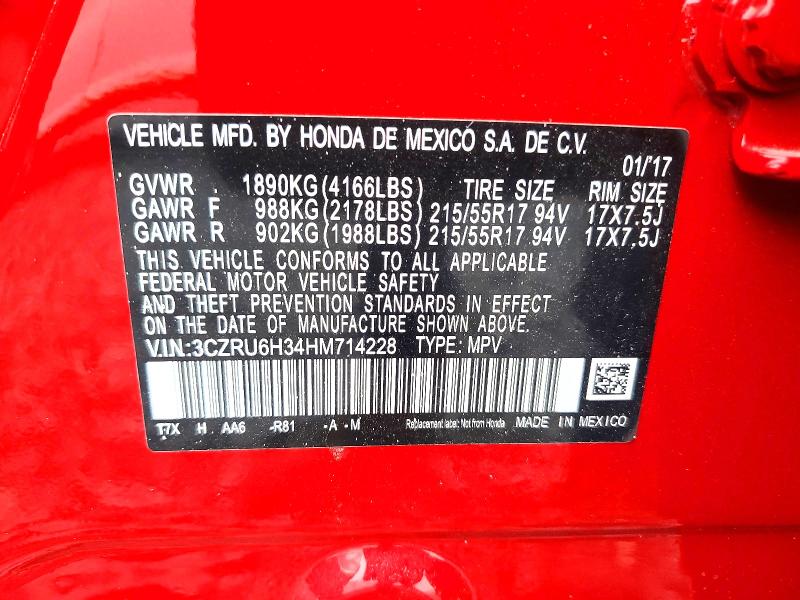 64807456 :رقم المزاد ، 3CZRU6H34HM714228 vin ، 2017 Honda Hr-v مزاد بيع
