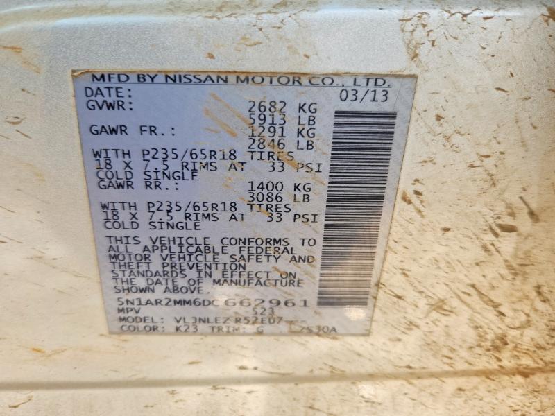 2013 Nissan Pathfinder მანქანა იყიდება აუქციონზე, vin: 5N1AR2MM6DC662961, აუქციონის ნომერი: 65578916