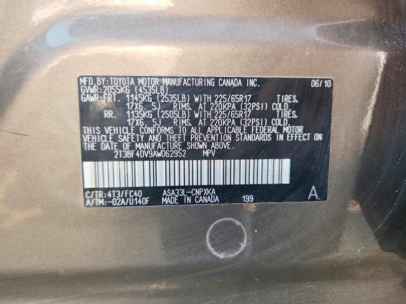 2010 Toyota Rav4 მანქანა იყიდება აუქციონზე, vin: 2T3BF4DV9AW062952, აუქციონის ნომერი: 64965436