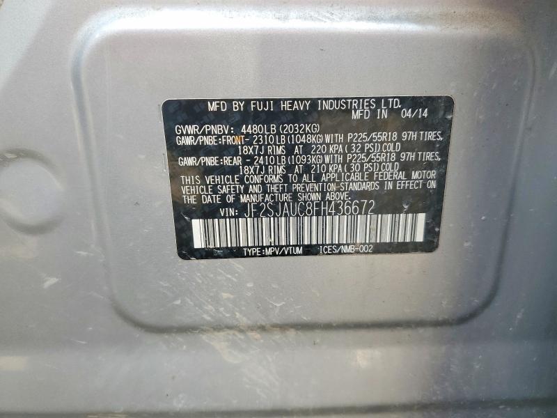 2015 Subaru Forester მანქანა იყიდება აუქციონზე, vin: JF2SJAUC8FH436672, აუქციონის ნომერი: 63989346
