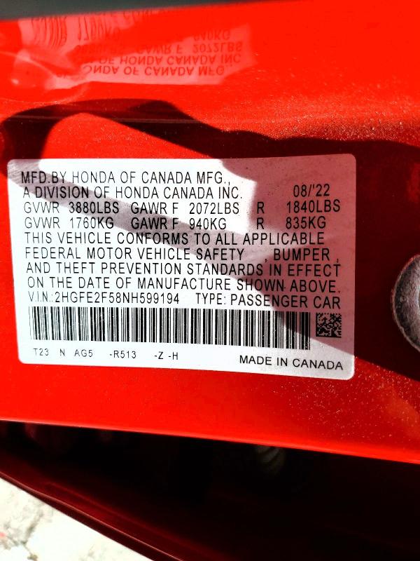 2022 Honda Civic მანქანა იყიდება აუქციონზე, vin: 2HGFE2F58NH599194, აუქციონის ნომერი: 63728916