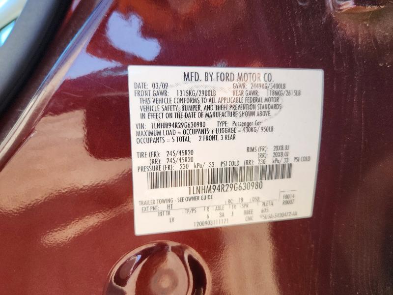 65662036 :رقم المزاد ، 1LNHM94R29G630980 vin ، 2009 Lincoln Mks مزاد بيع