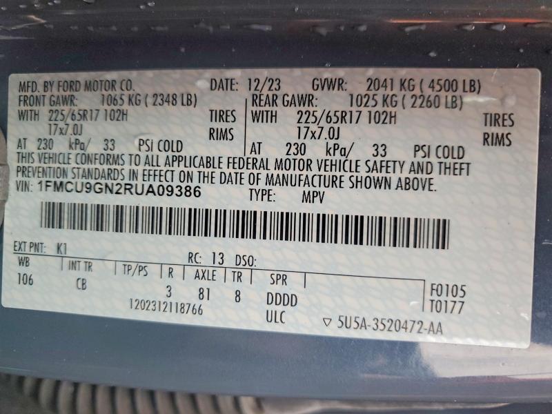 2024 Ford Escape მანქანა იყიდება აუქციონზე, vin: 1FMCU9GN2RUA09386, აუქციონის ნომერი: 63824996