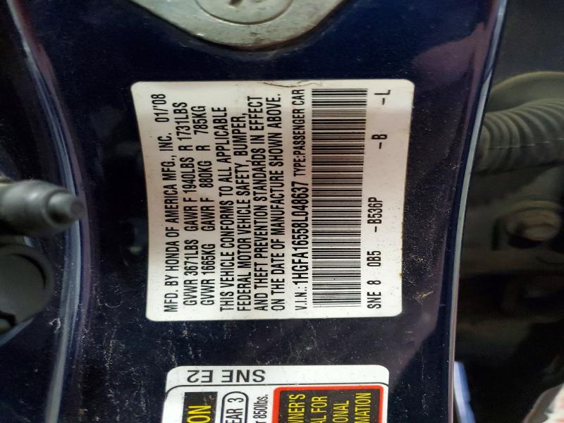 64499146 :رقم المزاد ، 1HGFA16558L048637 vin ، 2008 Honda Civic مزاد بيع