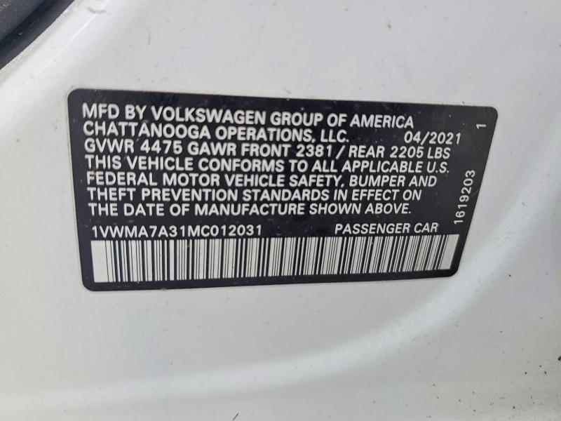Продаж на аукціоні авто 2021 Volkswagen Passat, vin: 1VWMA7A31MC012031, номер лоту: 64562016