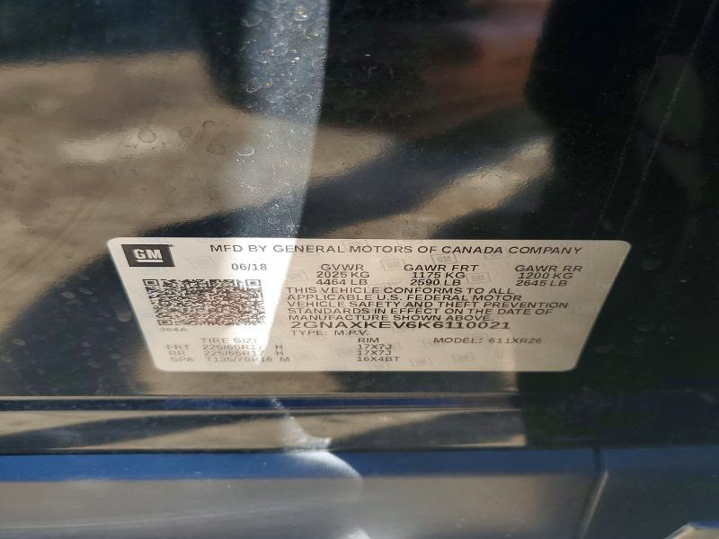 2019 Chevrolet Equinox მანქანა იყიდება აუქციონზე, vin: 2GNAXKEV6K6110021, აუქციონის ნომერი: 66111496