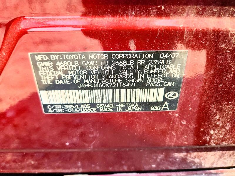 Aukcja sprzedaży 2007 Lexus Es, vin: JTHBJ46GX72118491, numer aukcji: 66923266