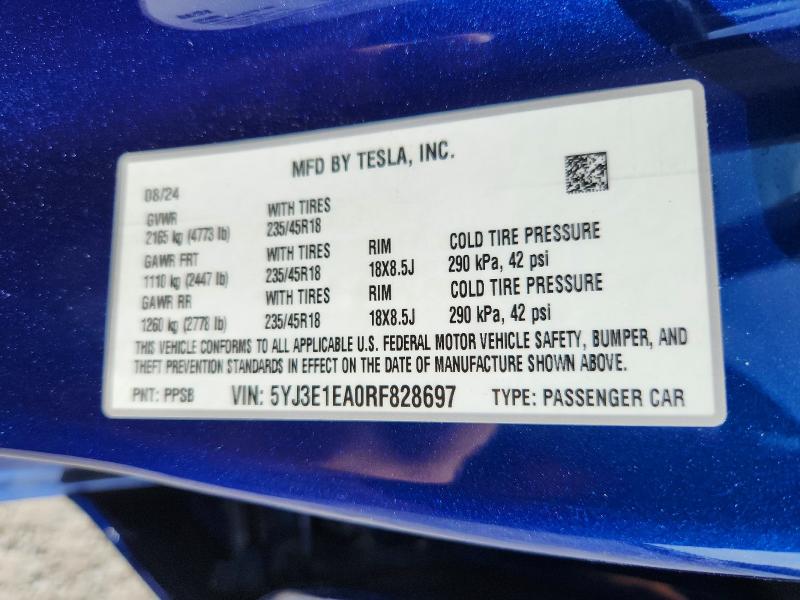 Продажа на аукционе авто 2024 Tesla Model 3, vin: 5YJ3E1EA0RF828697, номер лота: 65132116