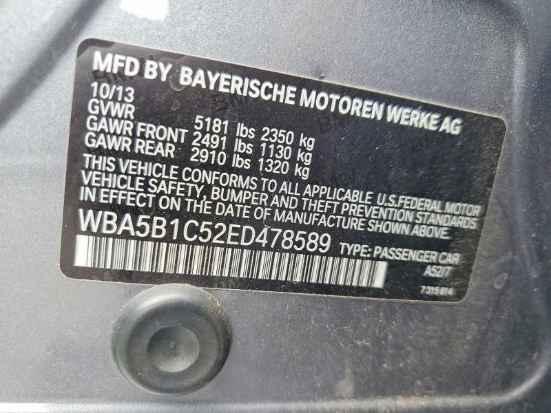 2014 Bmw 535 მანქანა იყიდება აუქციონზე, vin: WBA5B1C52ED478589, აუქციონის ნომერი: 64102086