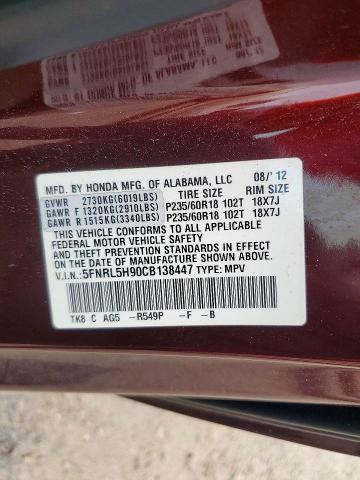 Auction sale of the 2012 Honda Odyssey, vin: 5FNRL5H90CB138447, lot number: 63485696