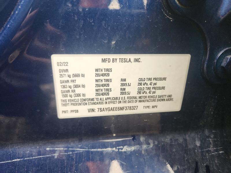 63705416 :رقم المزاد ، 7SAYGAEE6NF378327 vin ، 2022 Tesla Model Y مزاد بيع