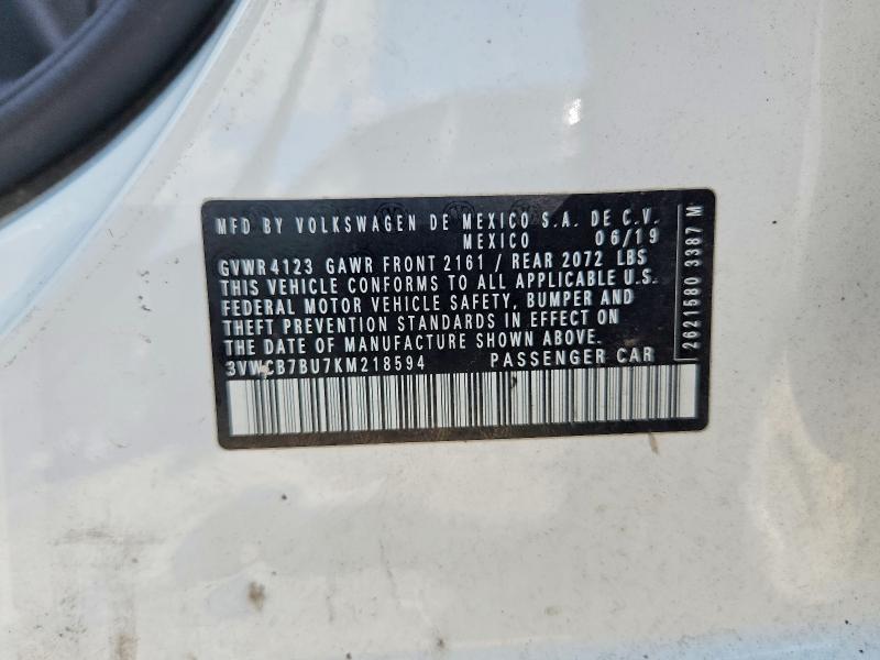 2019 Volkswagen Jetta მანქანა იყიდება აუქციონზე, vin: 3VWCB7BU7KM218594, აუქციონის ნომერი: 62824526