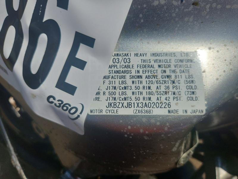 Aukcja sprzedaży 2003 Kawasaki Zx636, vin: JKBZXJB1X3A020226, numer aukcji: 64812786