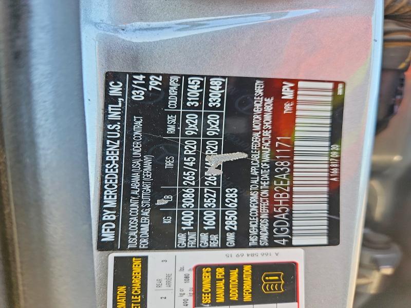 65894646 :رقم المزاد ، 4JGDA5HB2EA381171 vin ، 2014 Mercedes-benz Ml مزاد بيع