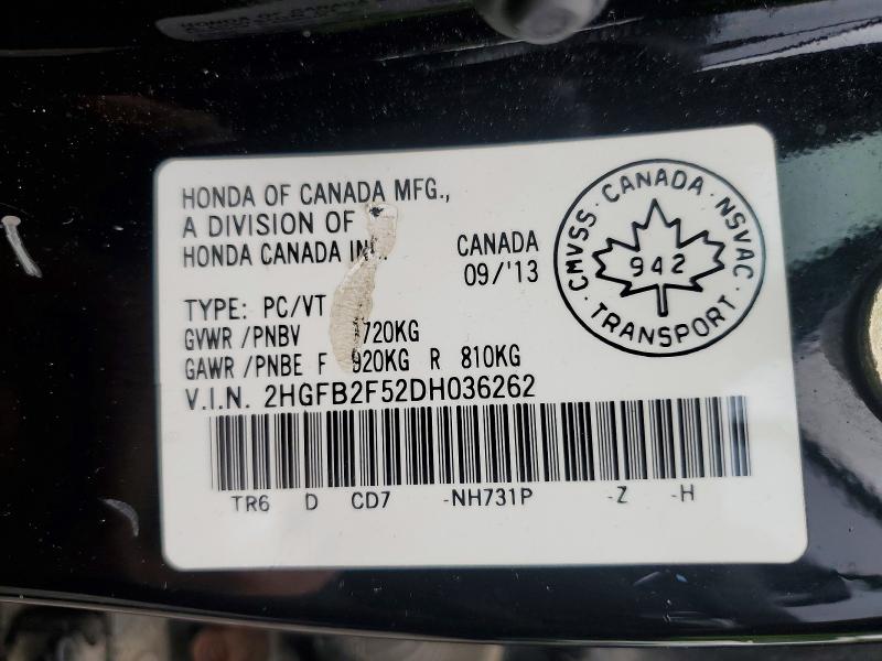 Продажа на аукционе авто 2013 Honda Civic, vin: 2HGFB2F52DH036262, номер лота: 65987346