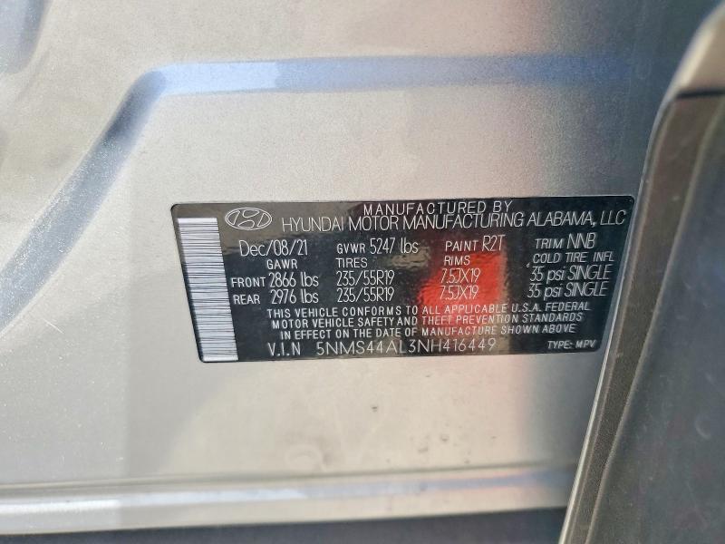 2022 Hyundai Santa Fe მანქანა იყიდება აუქციონზე, vin: 5NMS44AL3NH416449, აუქციონის ნომერი: 65325706