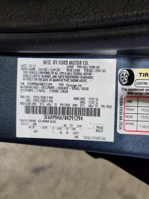 2011 Ford Fusion მანქანა იყიდება აუქციონზე, vin: 3FAHP0HA7BR295294, აუქციონის ნომერი: 64498886