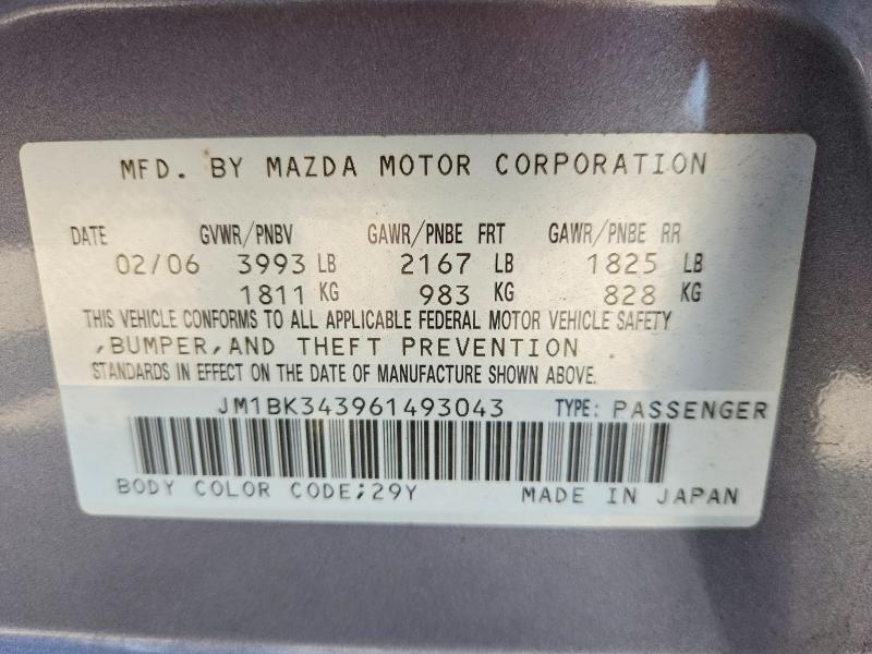 Aukcja sprzedaży 2006 Mazda 3, vin: JM1BK343961493043, numer aukcji: 67118756
