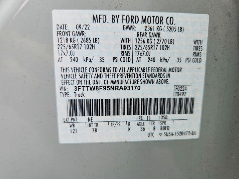 2022 Ford Maverick მანქანა იყიდება აუქციონზე, vin: 3FTTW8F95NRA93170, აუქციონის ნომერი: 65436776