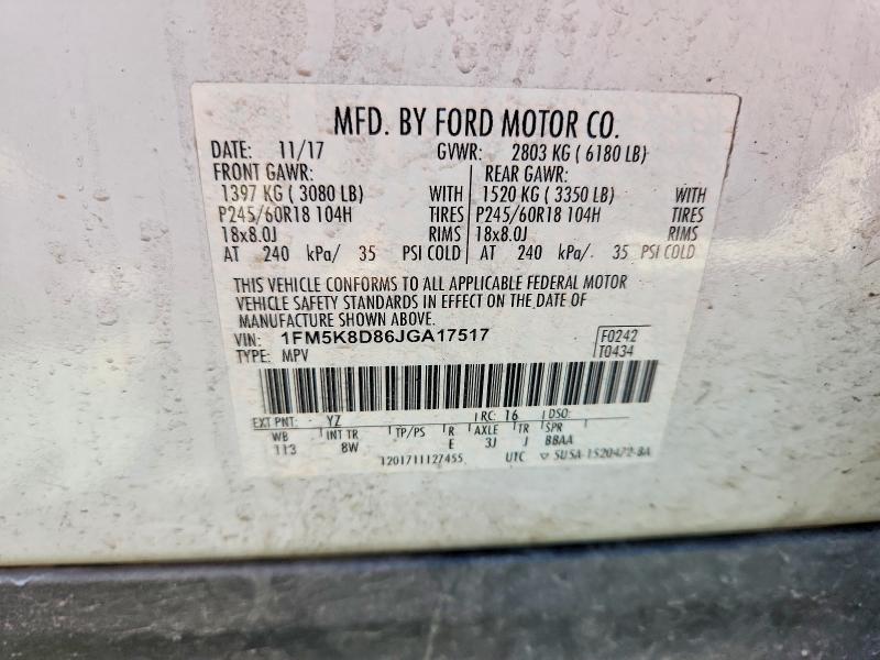 63501776 :رقم المزاد ، 1FM5K8D86JGA17517 vin ، 2018 Ford Explorer مزاد بيع