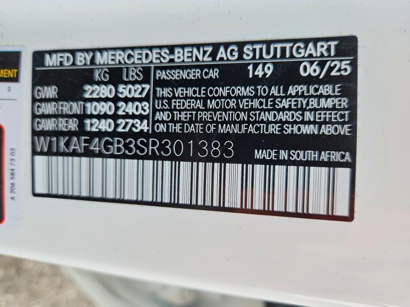 2025 Mercedes-benz C მანქანა იყიდება აუქციონზე, vin: W1KAF4GB3SR301383, აუქციონის ნომერი: 66963606