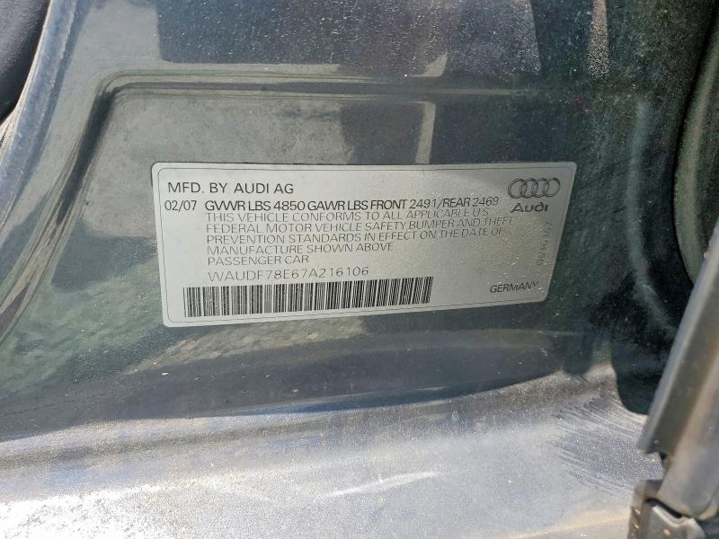 2007 Audi A4 მანქანა იყიდება აუქციონზე, vin: WAUDF78E67A216106, აუქციონის ნომერი: 64579036