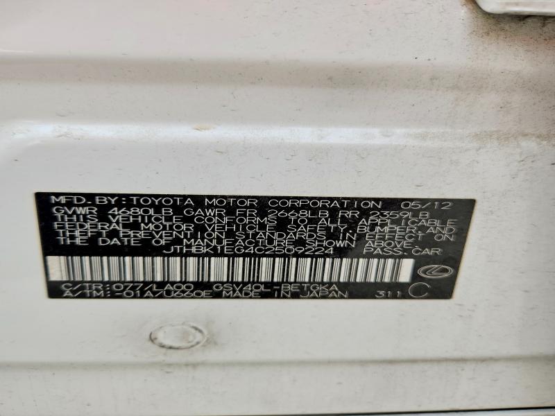 63885186 :رقم المزاد ، JTHBK1EG4C2509224 vin ، 2012 Lexus Es مزاد بيع