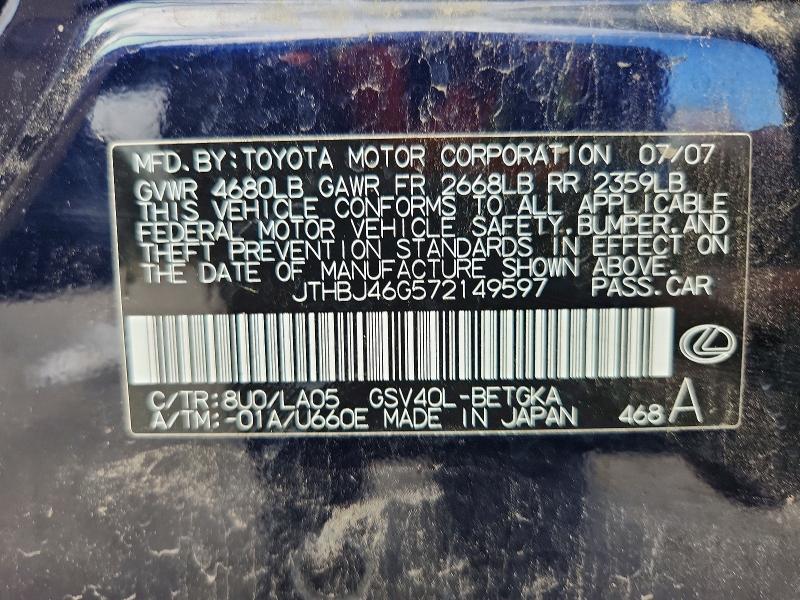 Aukcja sprzedaży 2007 Lexus Es, vin: JTHBJ46G572149597, numer aukcji: 65047256