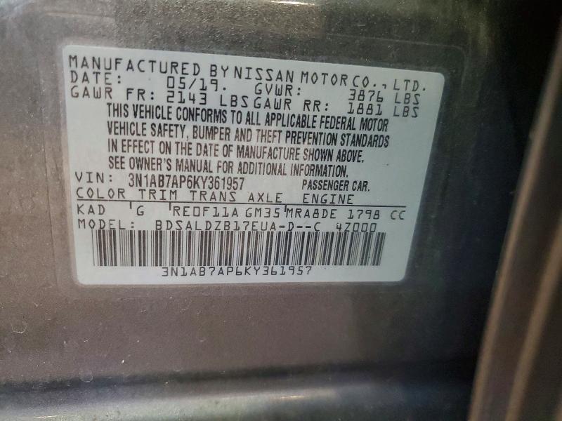 2019 Nissan Sentra მანქანა იყიდება აუქციონზე, vin: 3N1AB7AP6KY361957, აუქციონის ნომერი: 63576236