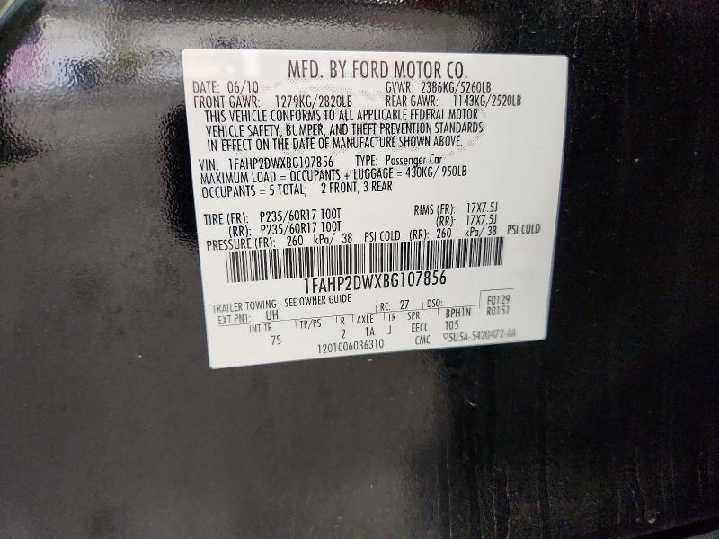 Auction sale of the 2011 Ford Taurus, vin: 1FAHP2DWXBG107856, lot number: 64501016