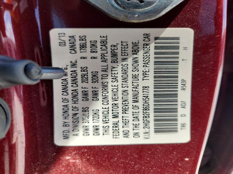 Auction sale of the 2013 Honda Civic, vin: 2HGFB2F86DH541778, lot number: 67206526