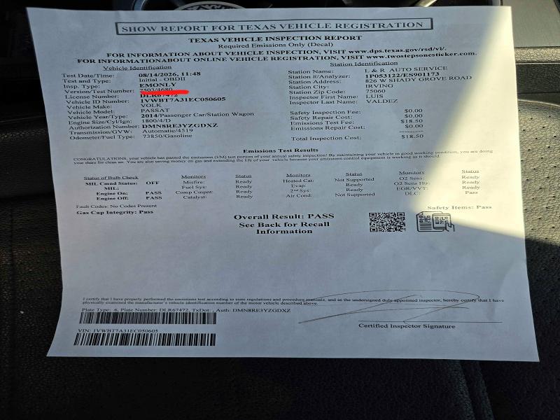 Продаж на аукціоні авто 2014 Volkswagen Passat, vin: 1VWBT7A31EC050605, номер лоту: 66600106