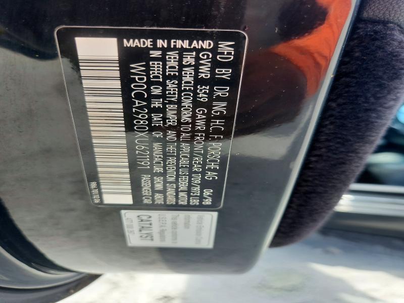 65185736 :رقم المزاد ، WP0CA2980XU621191 vin ، 1999 Porsche Boxster مزاد بيع