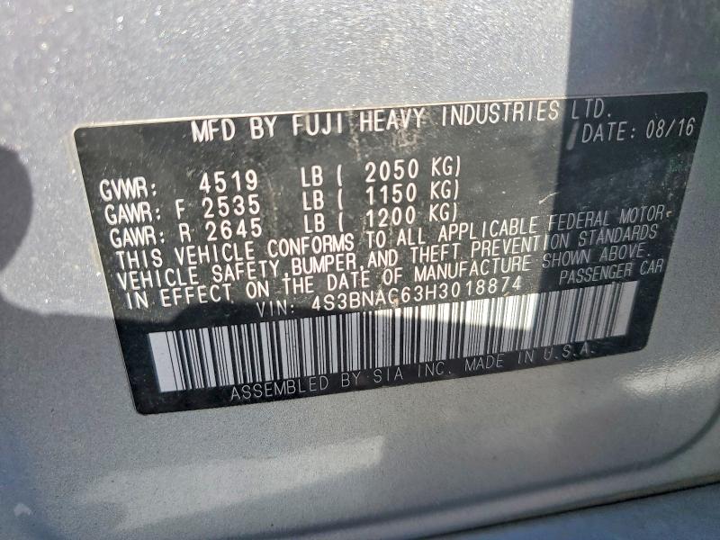 64589766 :رقم المزاد ، 4S3BNAC63H3018874 vin ، 2017 Subaru Legacy مزاد بيع