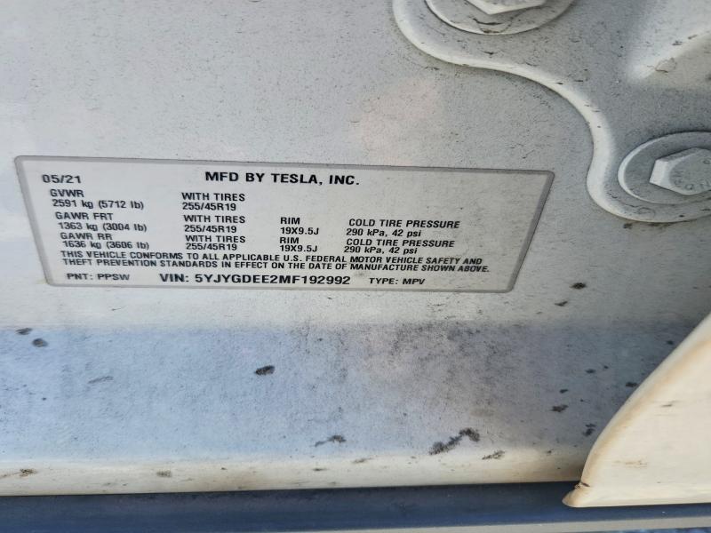 66232606 :رقم المزاد ، 5YJYGDEE2MF192992 vin ، 2021 Tesla Model Y مزاد بيع