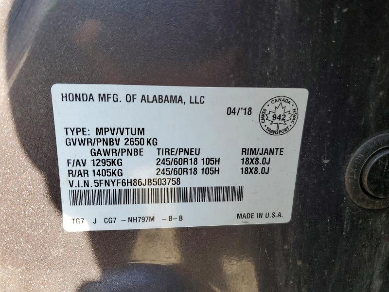 Aukcja sprzedaży 2018 Honda Pilot, vin: 5FNYF6H86JB503758, numer aukcji: 63399406