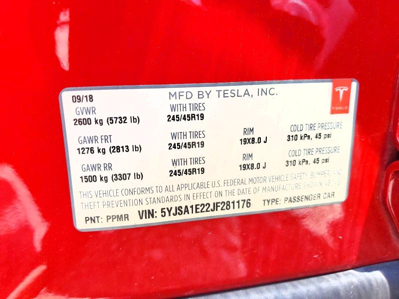 Продажа на аукционе авто 2018 Tesla Model S, vin: 5YJSA1E22JF281176, номер лота: 64141906