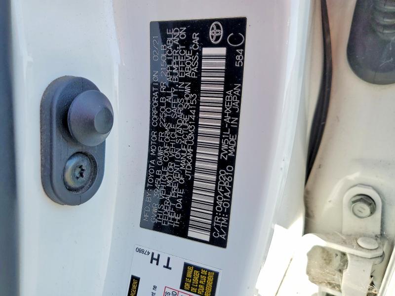 Продаж на аукціоні авто 2021 Toyota Prius, vin: JTDKAMFU3M3144153, номер лоту: 65005306