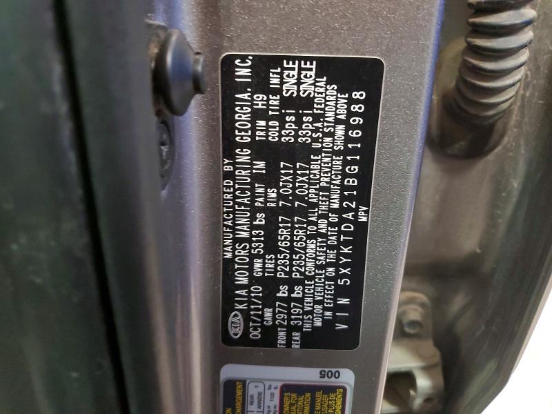 2011 Kia Sorento მანქანა იყიდება აუქციონზე, vin: 5XYKTDA21BG116988, აუქციონის ნომერი: 64034666