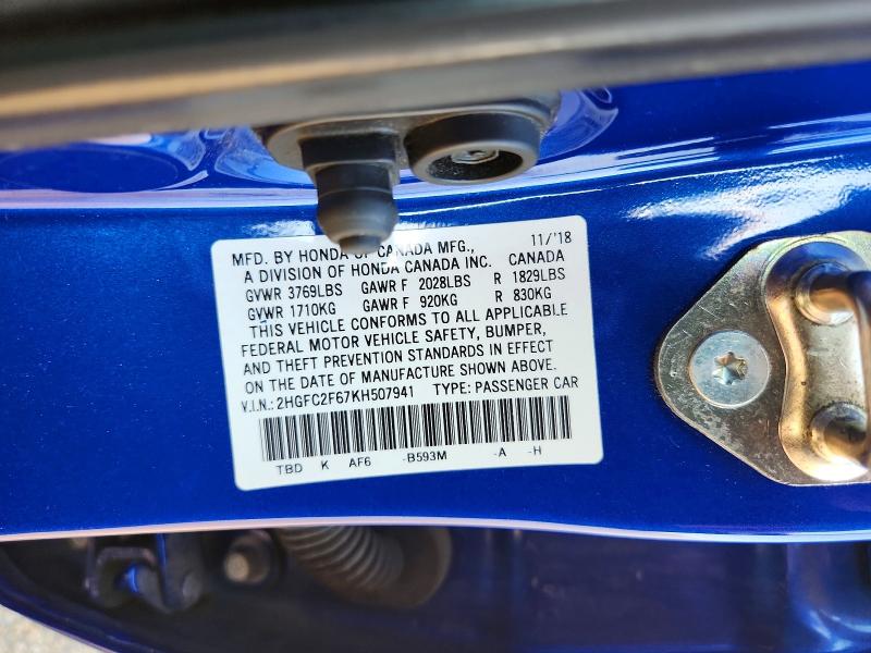 Aukcja sprzedaży 2019 Honda Civic, vin: 2HGFC2F67KH507941, numer aukcji: 66551586